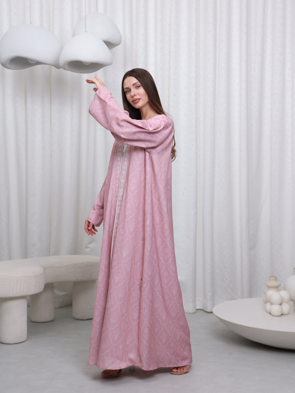 BORDER PRINT ABAYA - (PINK)