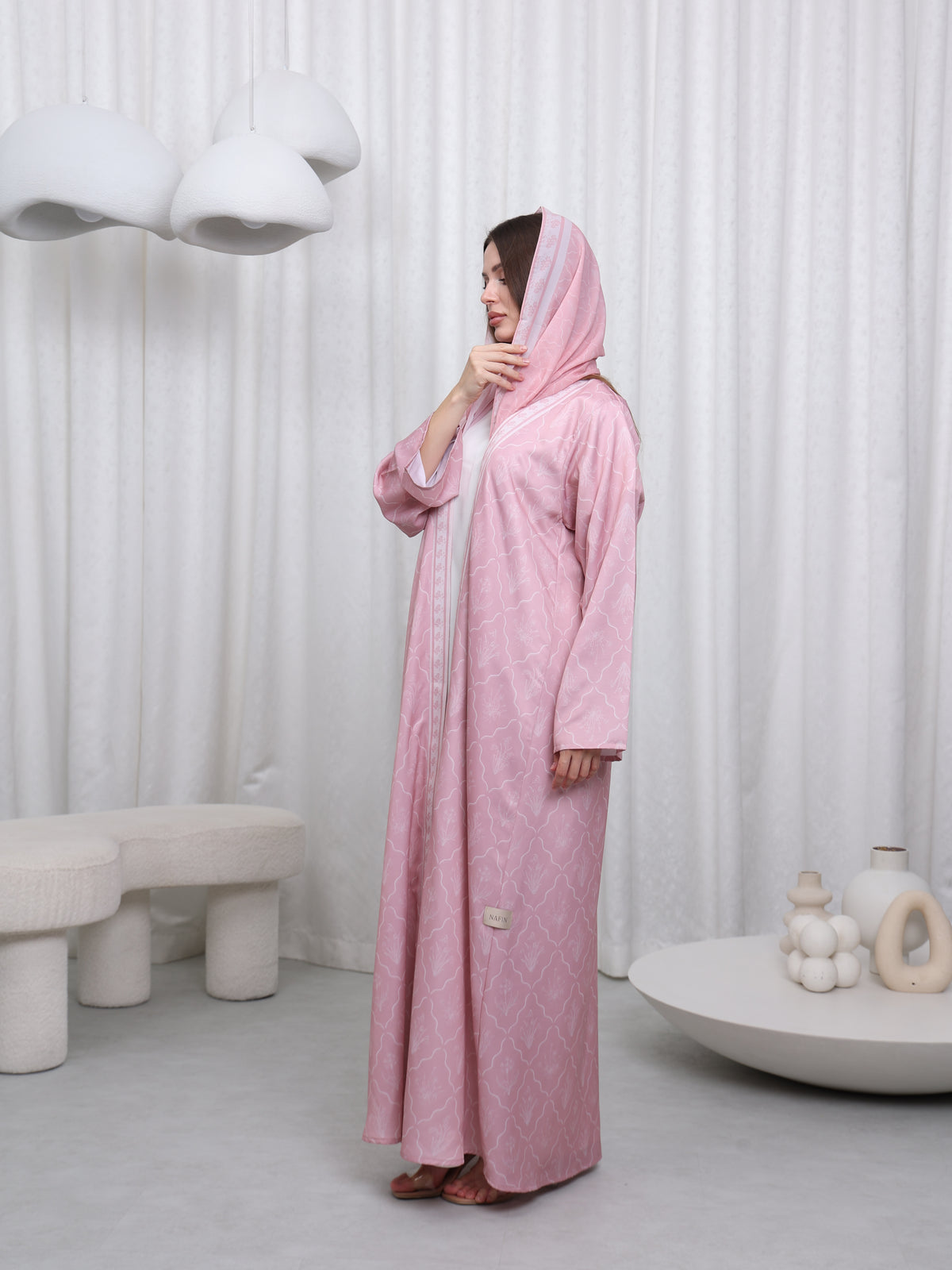 BORDER PRINT ABAYA - (PINK)
